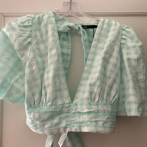 Zara cropped cotton top, seafoam green gingham print, size S